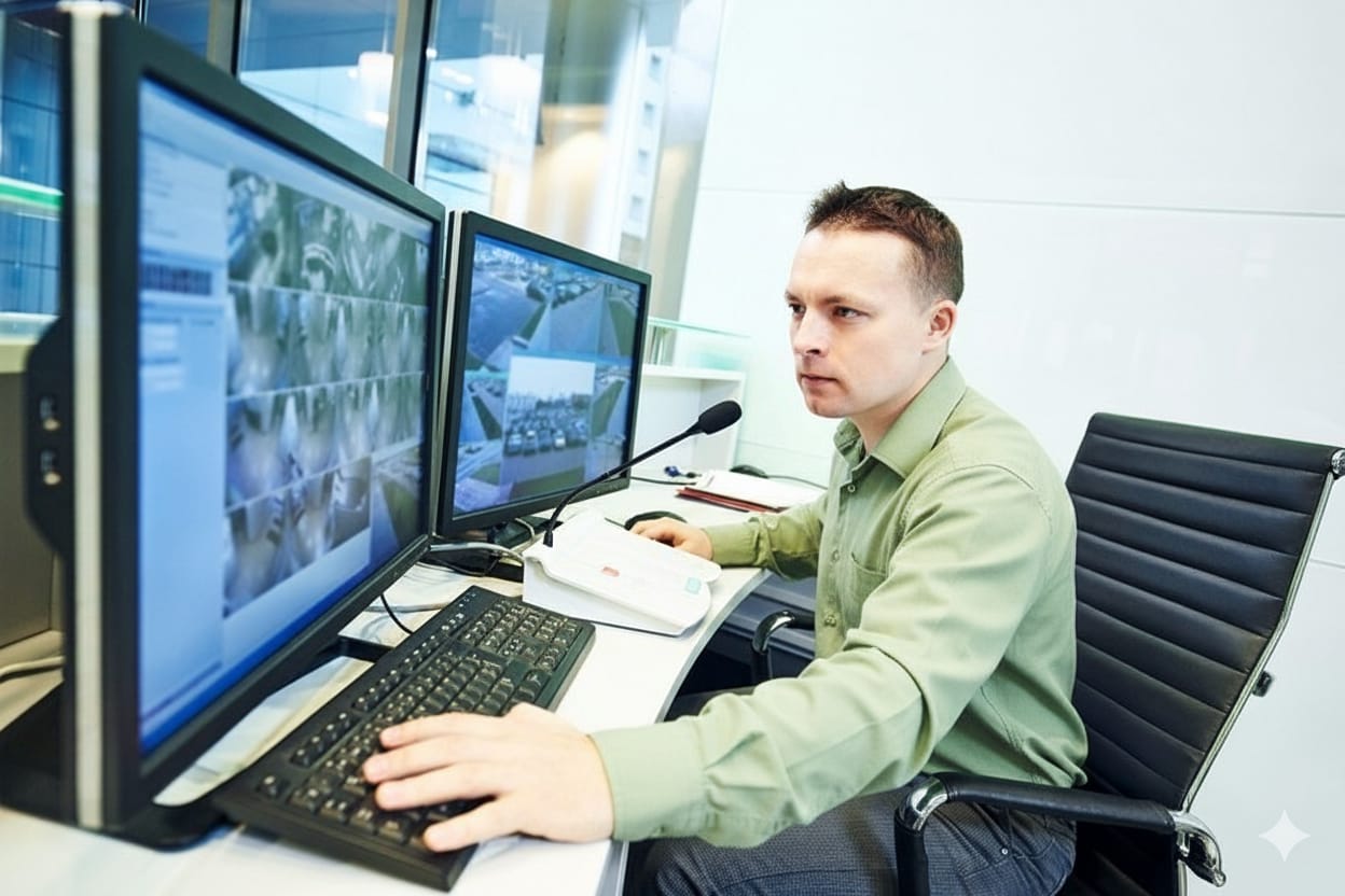 Profissional monitorando telas com imagens de câmeras de segurança em central de CFTV.