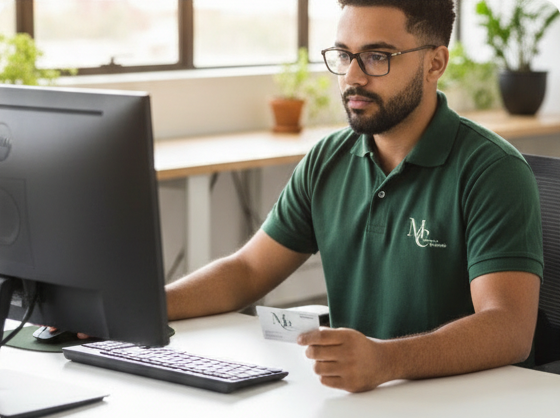 Profissional de portaria registrando informações em computador enquanto atende na recepção.