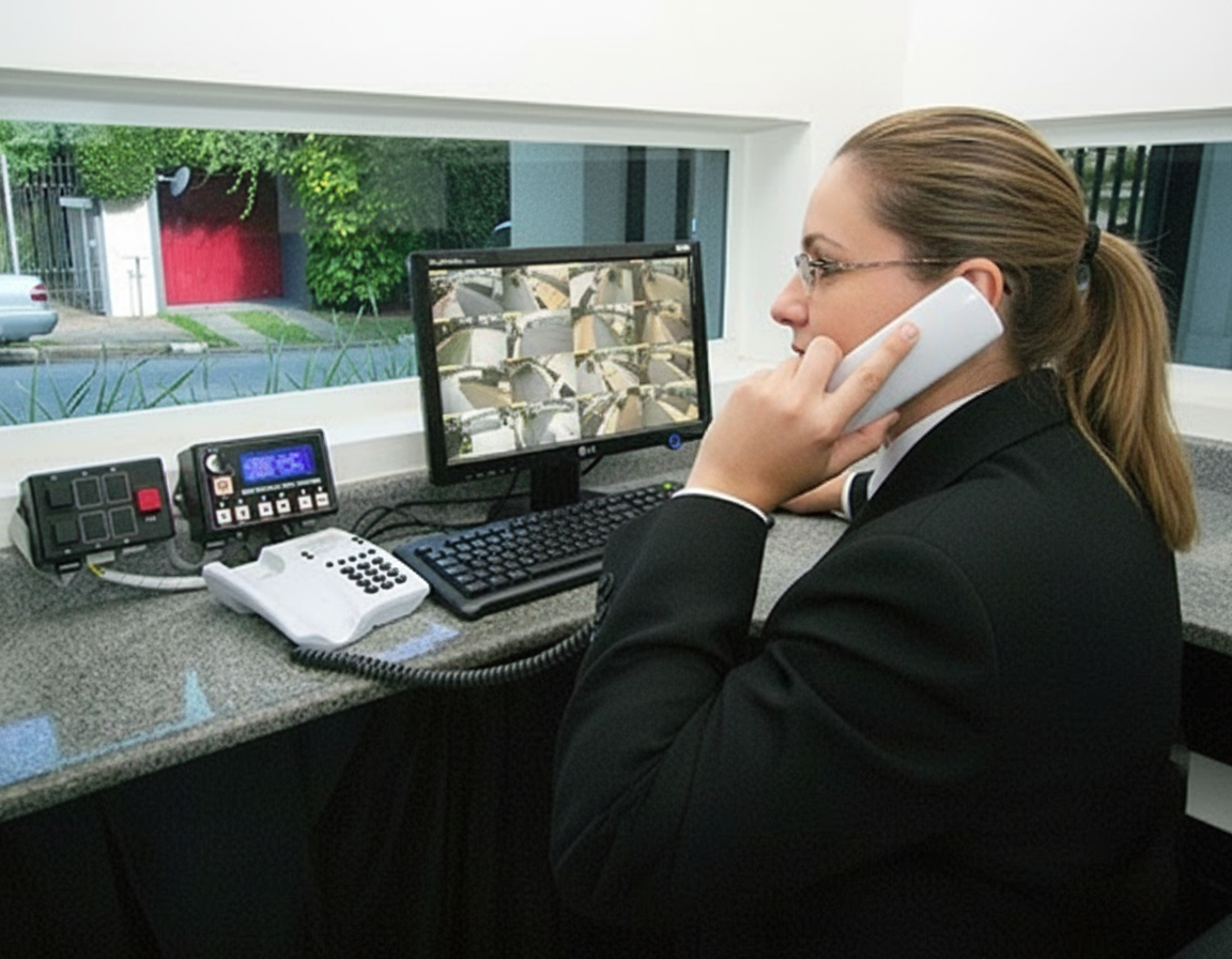 Porteiro registrando a entrada de visitantes no sistema de controle de acesso.